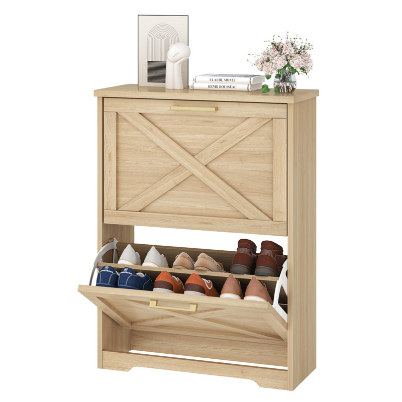 Gracie Oaks Shoe Cabinet Storage With 2 Flip Drawers 2 Tier Freestanding Farmhouse Narrow Shoe Organizer Cabinet For Entryway Hallway Living Room Reviews Wayfair